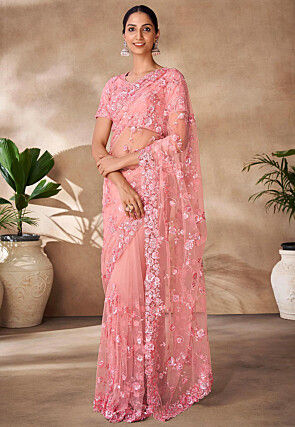 Embroidered Net Saree in Peach