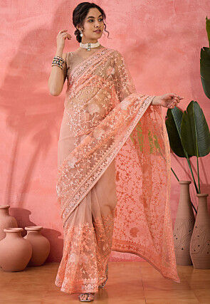 Embroidered Net Saree in Peach