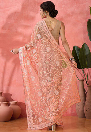 Embroidered Net Saree in Peach