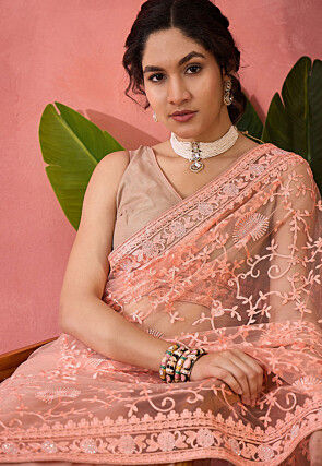Embroidered Net Saree in Peach
