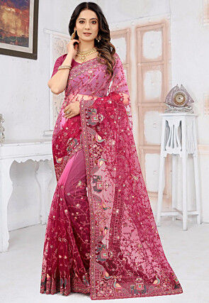 Embroidered Net Saree in Pink Ombre