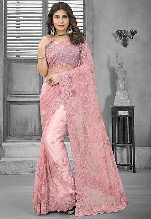 Embroidered Net Saree in Pink