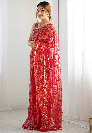 Embroidered Net Saree in Pink