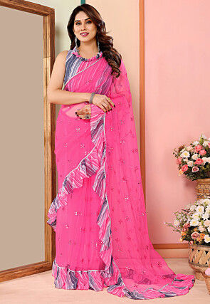 Embroidered Net Saree in Pink