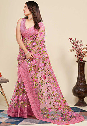 Embroidered Net  Saree in Pink