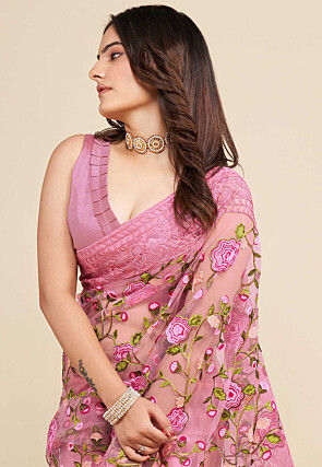 Embroidered Net  Saree in Pink