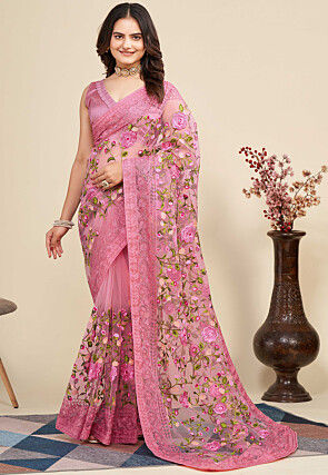 Embroidered Net  Saree in Pink