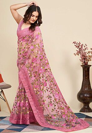 Embroidered Net  Saree in Pink