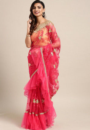 Embroidered Net Saree in Pink