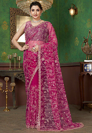 Embroidered Net Saree in Pink
