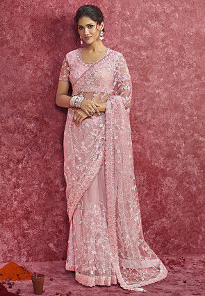 Embroidered Net Saree in Pink