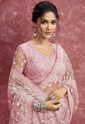 Embroidered Net Saree in Pink