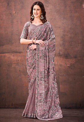 Embroidered Net Saree in Purple