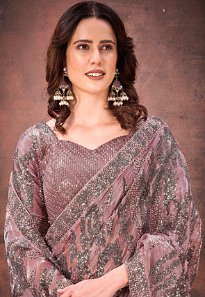 Embroidered Net Saree in Purple