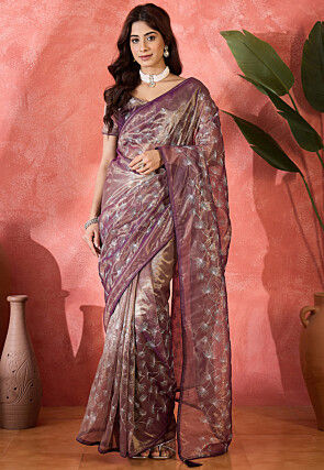 Embroidered Super Net Saree in Purple