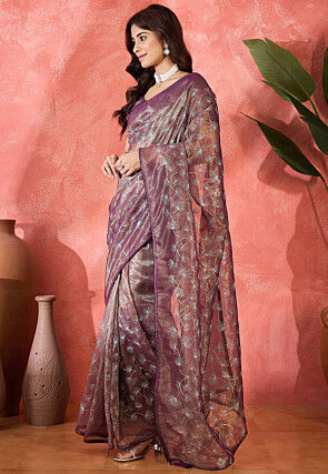 Embroidered Super Net Saree in Purple