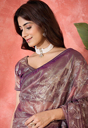 Embroidered Super Net Saree in Purple