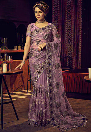 Embroidered Net Saree in Purple