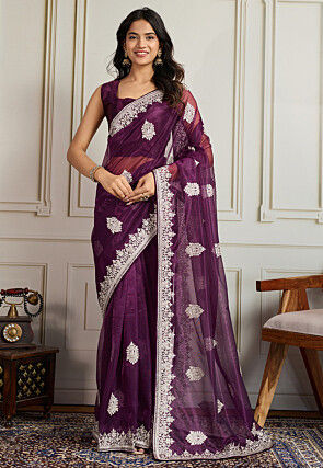 Embroidered Border Net Saree in Purple