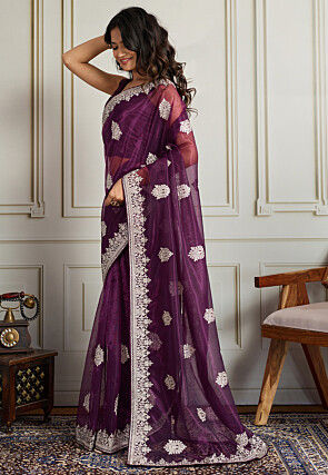 Embroidered Border Net Saree in Purple