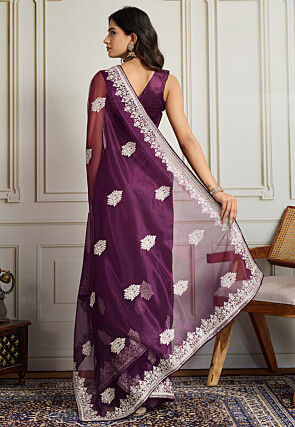 Embroidered Border Net Saree in Purple
