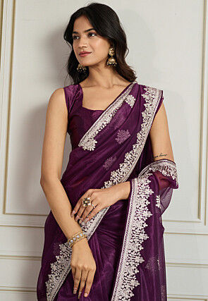 Embroidered Border Net Saree in Purple