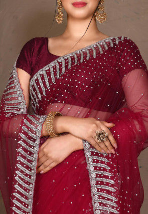 Embroidered Net Saree in Red