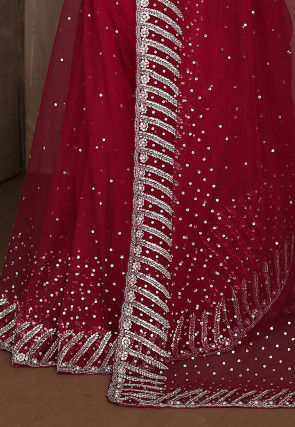 Embroidered Net Saree in Red