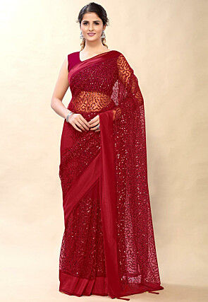 Embroidered Net Saree in Red