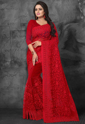 Embroidered Net Saree in Red