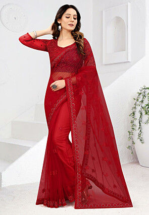 Embroidered Net Saree in Red
