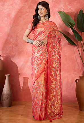 Embroidered Super Net Saree in Red