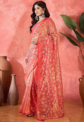 Embroidered Super Net Saree in Red