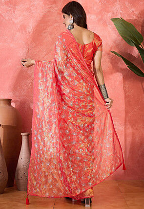 Embroidered Super Net Saree in Red