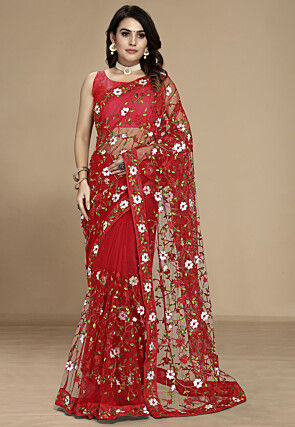 Embroidered Net Saree in Red