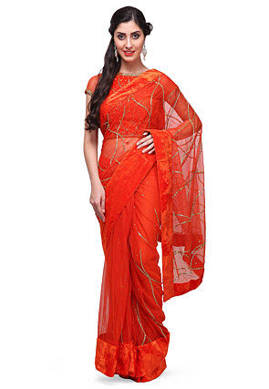 Hand Embroidered Net Saree in Red