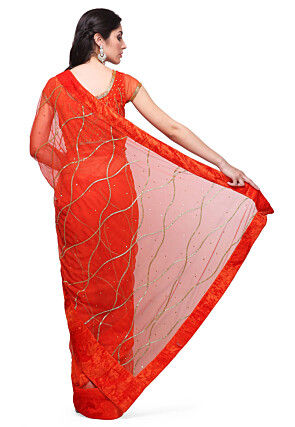 Hand Embroidered Net Saree in Red