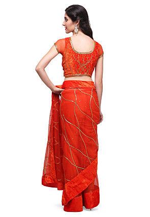 Hand Embroidered Net Saree in Red