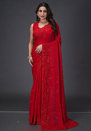 Embroidered Satin Georgette Saree in Red