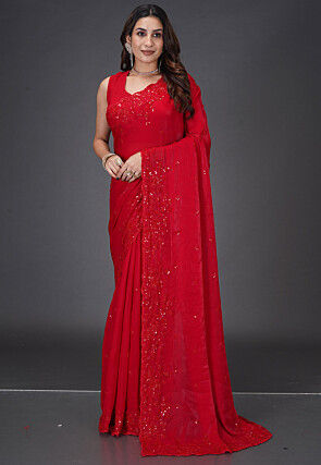 Embroidered Satin Georgette Saree in Red