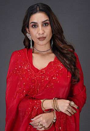 Embroidered Satin Georgette Saree in Red