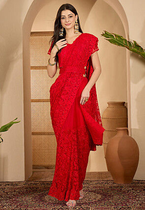 Embroidered Net Saree in Red
