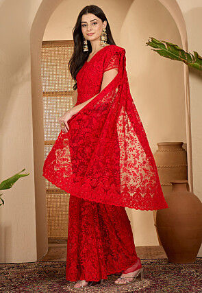 Embroidered Net Saree in Red