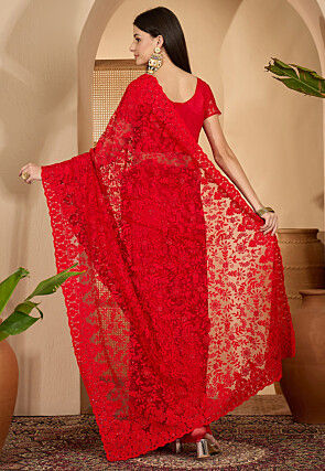 Embroidered Net Saree in Red