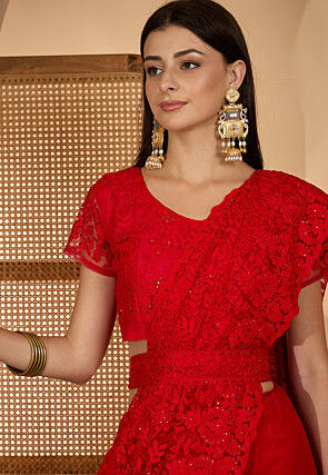 Embroidered Net Saree in Red