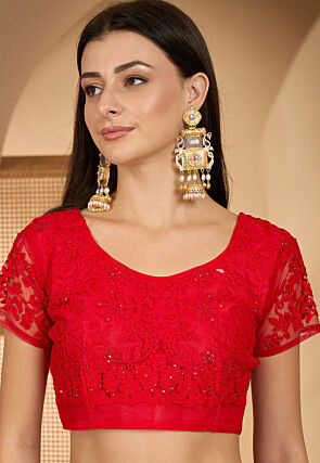 Embroidered Net Saree in Red