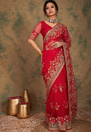Embroidered Net Saree in Red