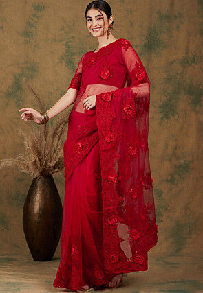 Embroidered Net Saree in Red
