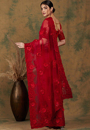 Embroidered Net Saree in Red