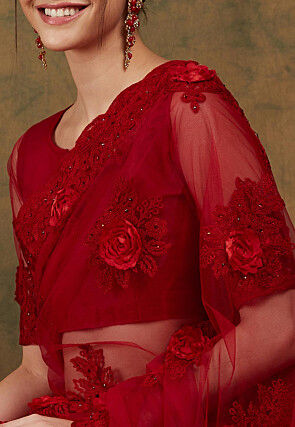 Embroidered Net Saree in Red